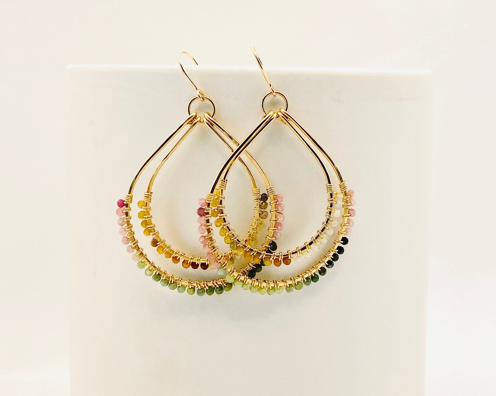precious stone gold double hoop earrings